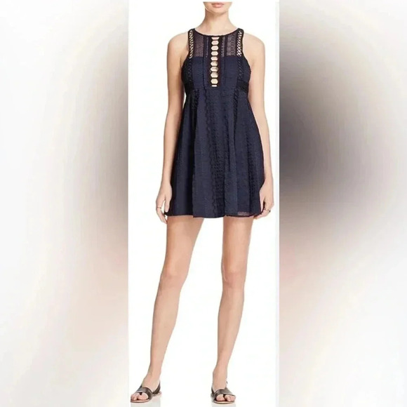 Free People Dresses & Skirts - Free People Lace Dress XS S Ladder Stich A-Line Mini Dress Navy Sleeveless